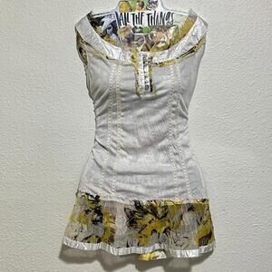 Miss You Y2K 00s Boho Fairycore White Yellow Sheer Ruffle Trim Tank Blouse Sz XL